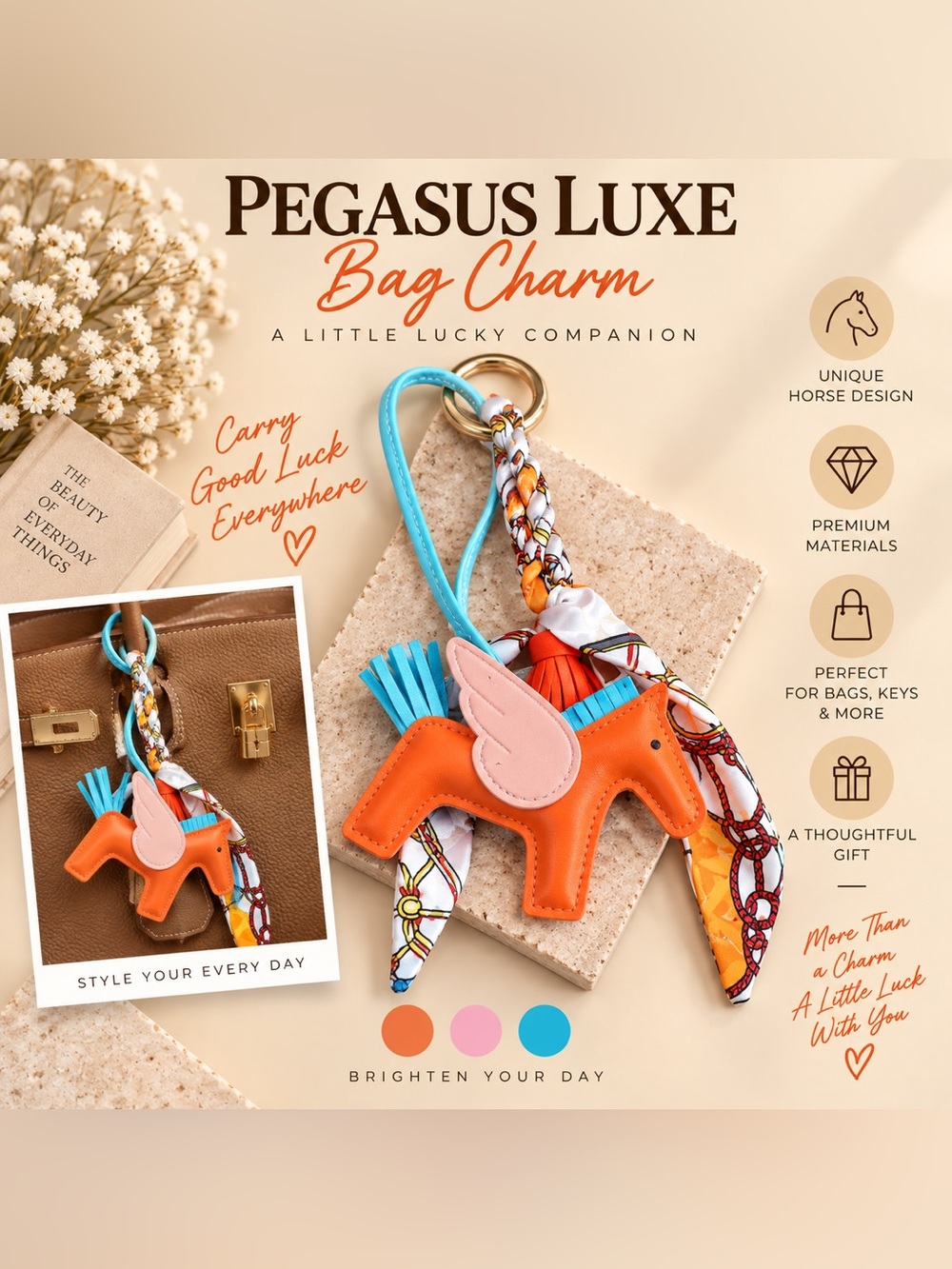 Source Unknown Orange Pink Blue Pegasus Luxe Bag Charm